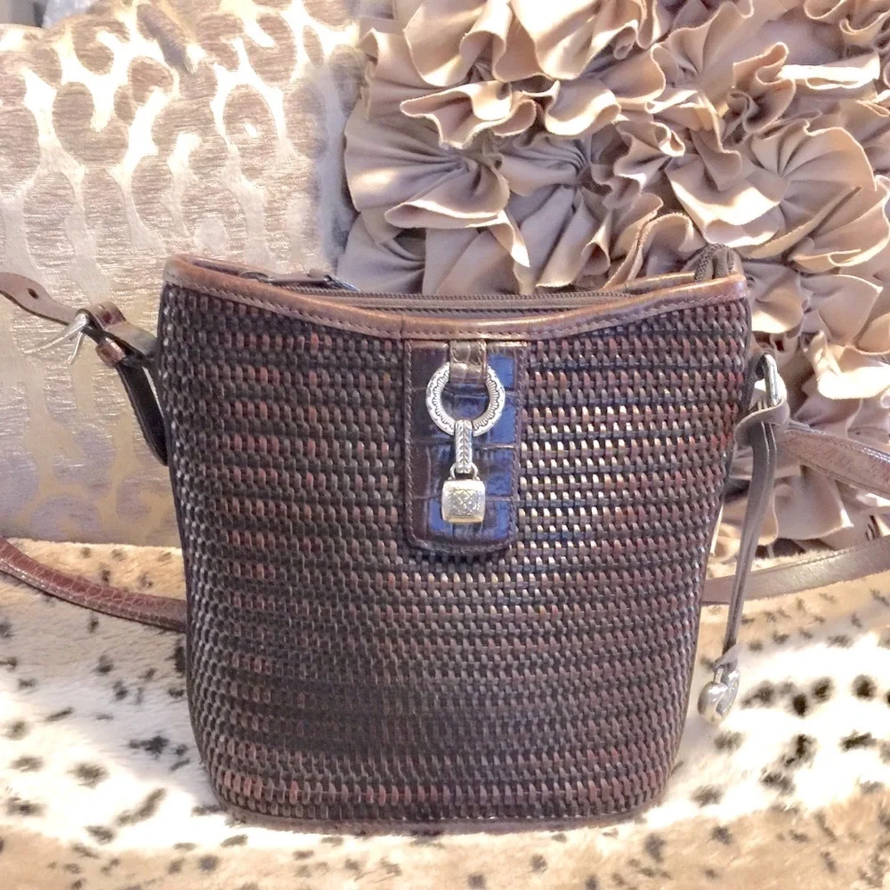 Brighton Vintage Designer Brown Woven Leather Shoulder Bucket Tote Bag Purse